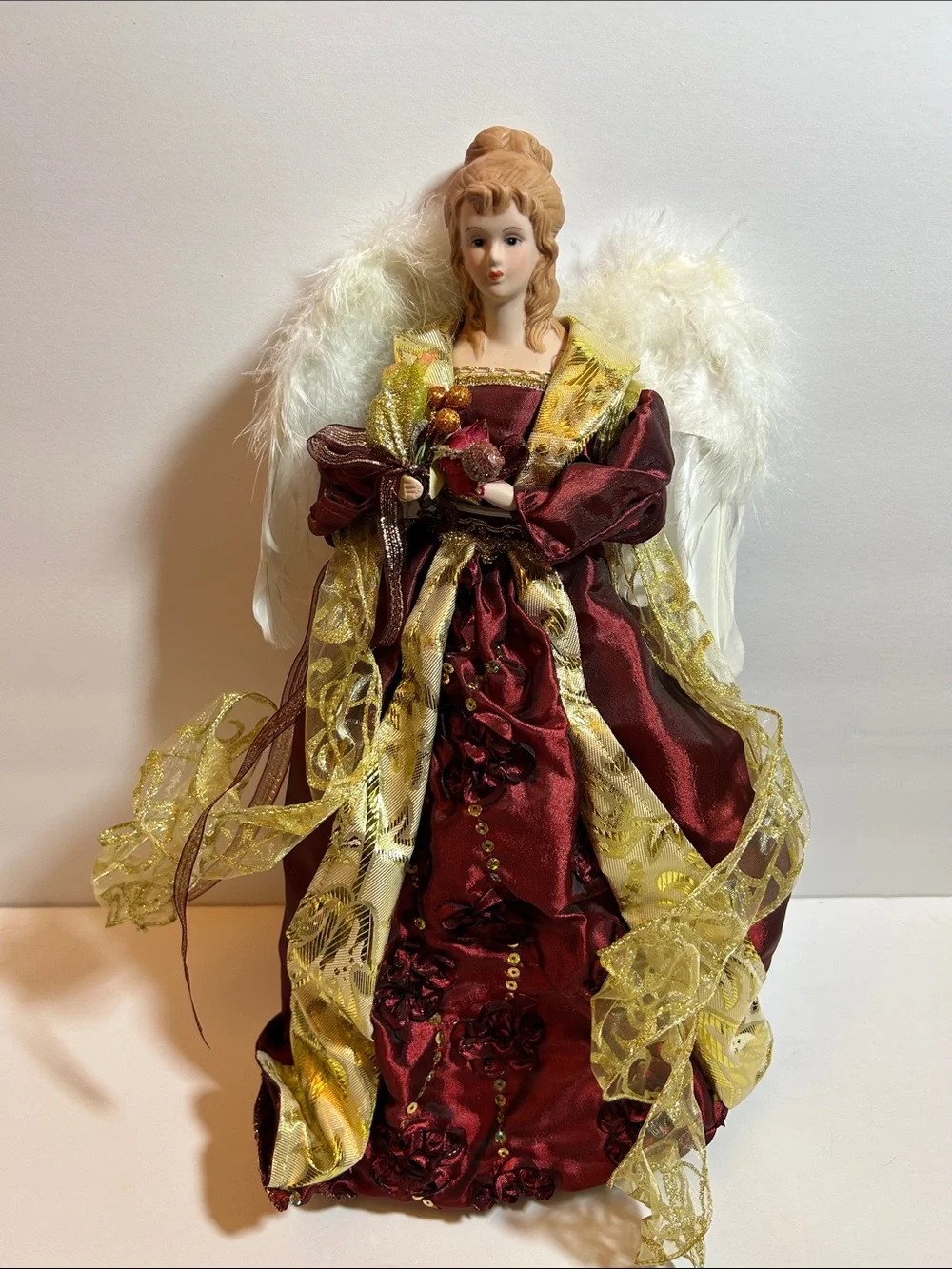 Vintage Porcelain Angel Tree Topper in Burgundy and Gold 17” tall